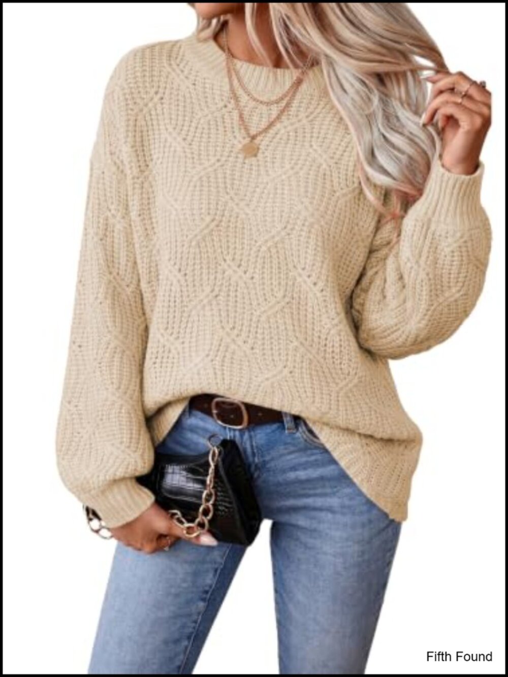 Cable Knit Sweater Womens Long Sleeve Crewneck Pullover Lantern Sleeve